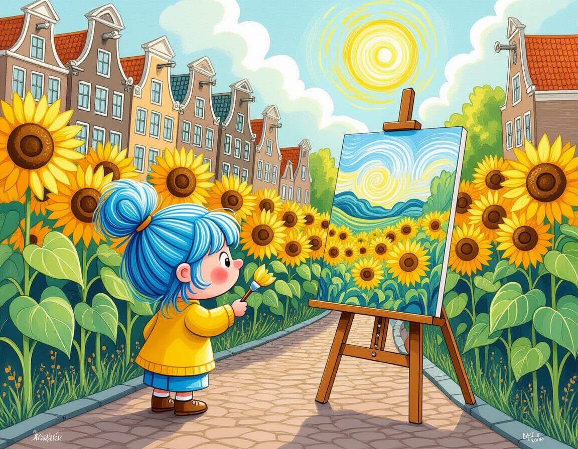 Troll Visits Van Gogh's Sunflowers: Watercolor Art