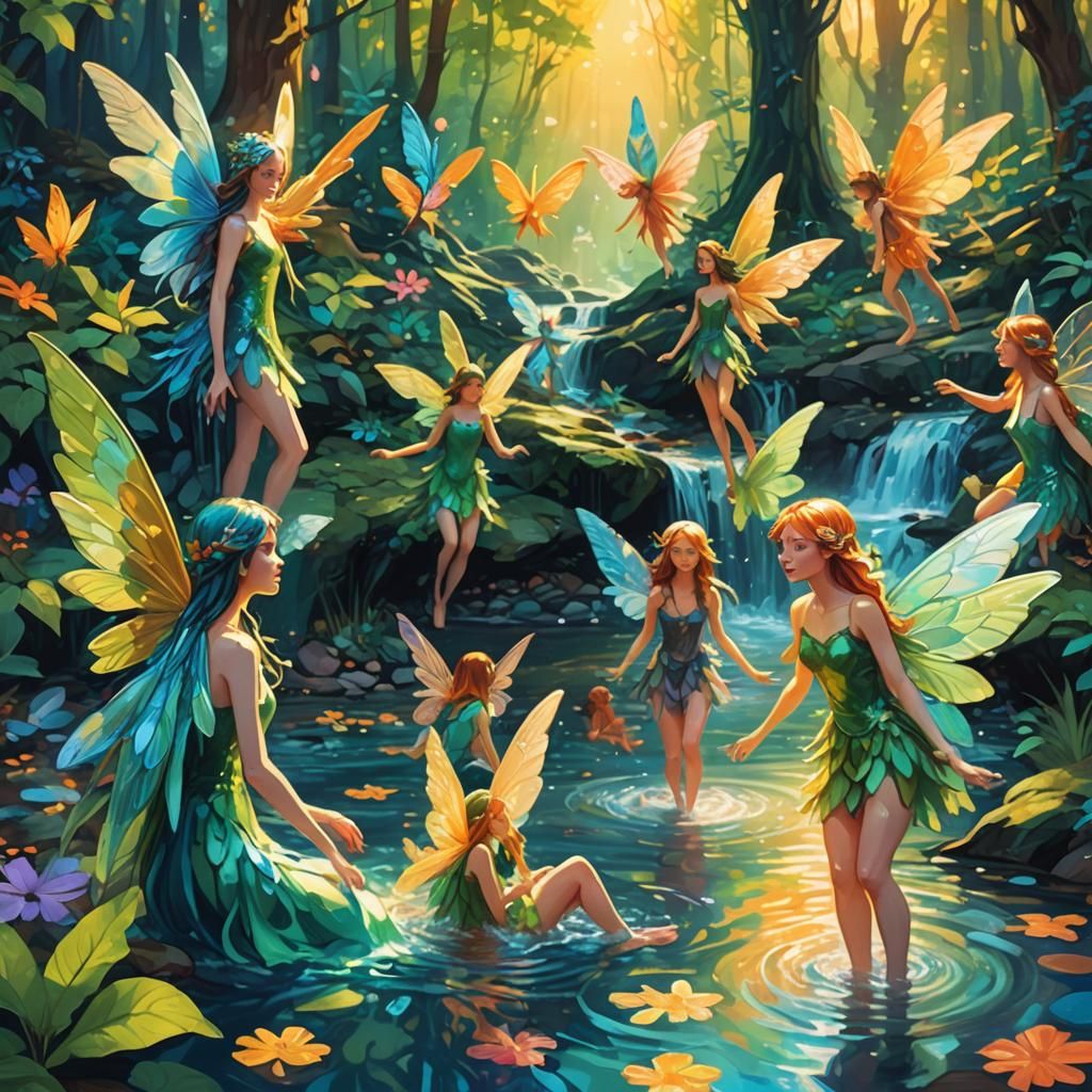 Fairies Swimming Party in Forest Stream, Fauvism Style