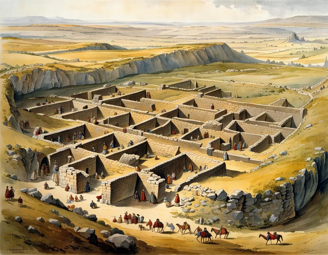 Ancient Anatolian Settlement in Watercolor Style