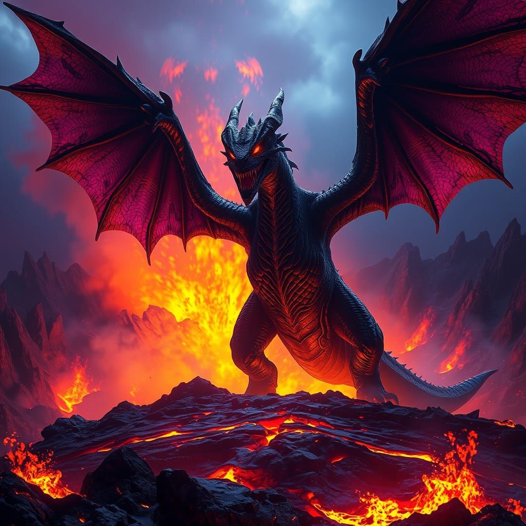 Dark Fantasy Dragon Erupts from Volcano at Night