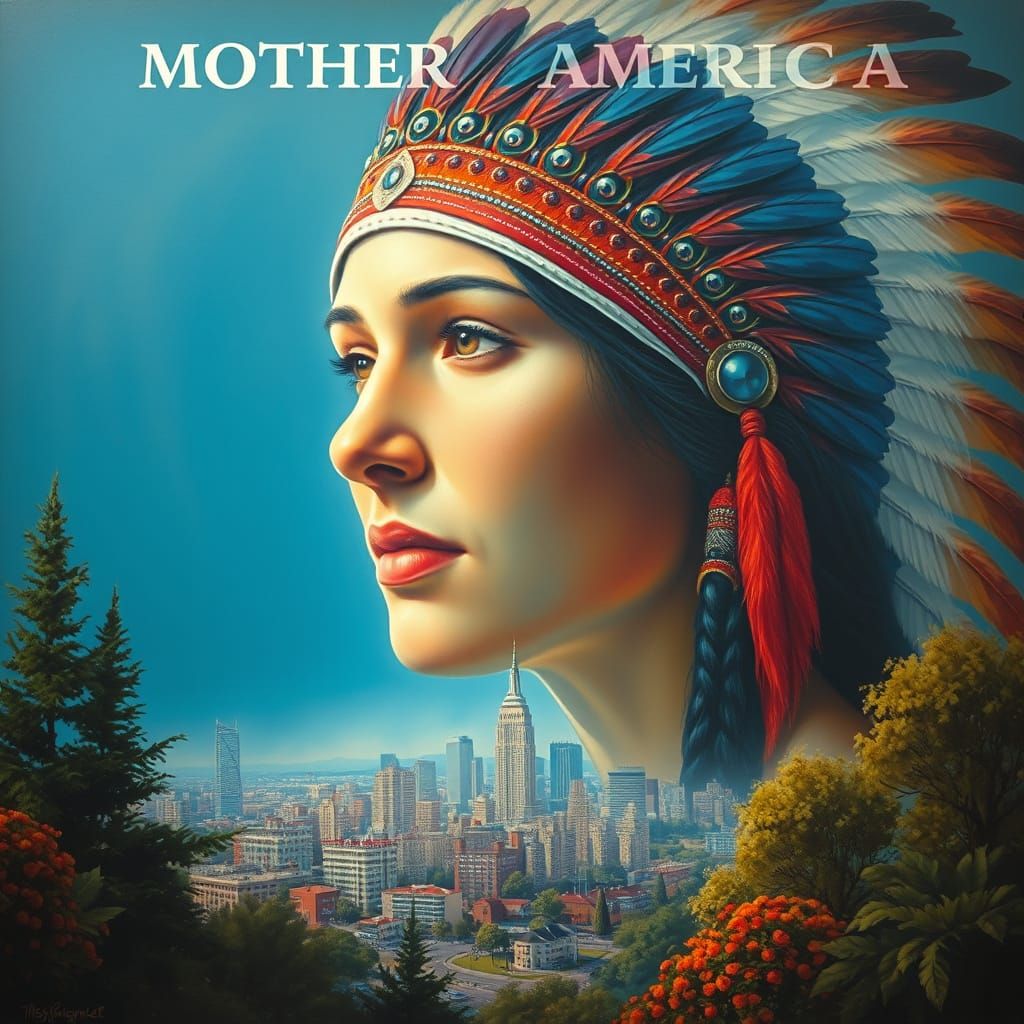Ethereal Native American Princess in a Cityscape Oil Paintin...