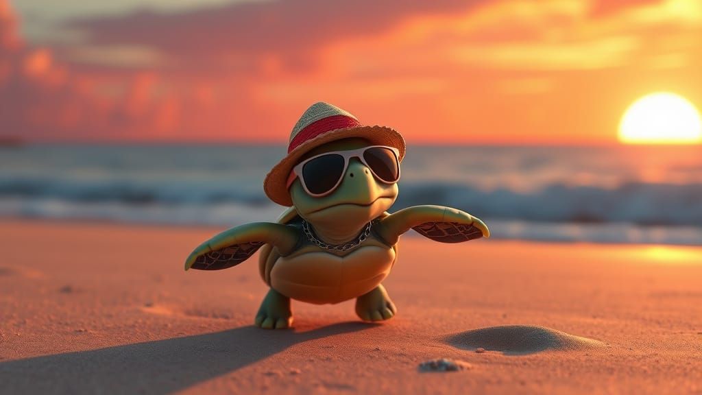 Baby Turtle Lifeguard at Sunset: Pixar-Style 3D Animation