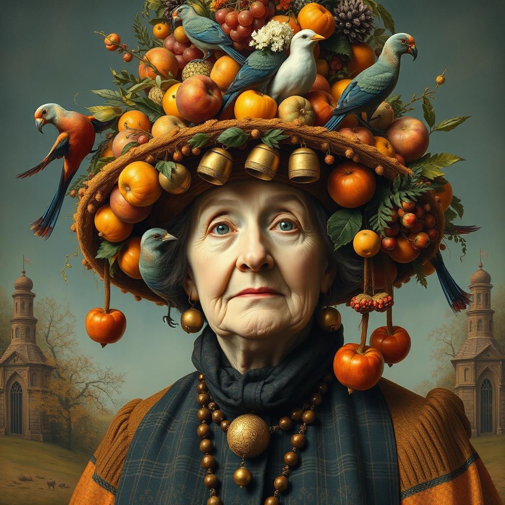 Eccentric Woman in Extravagant Hat: Surreal Portrait