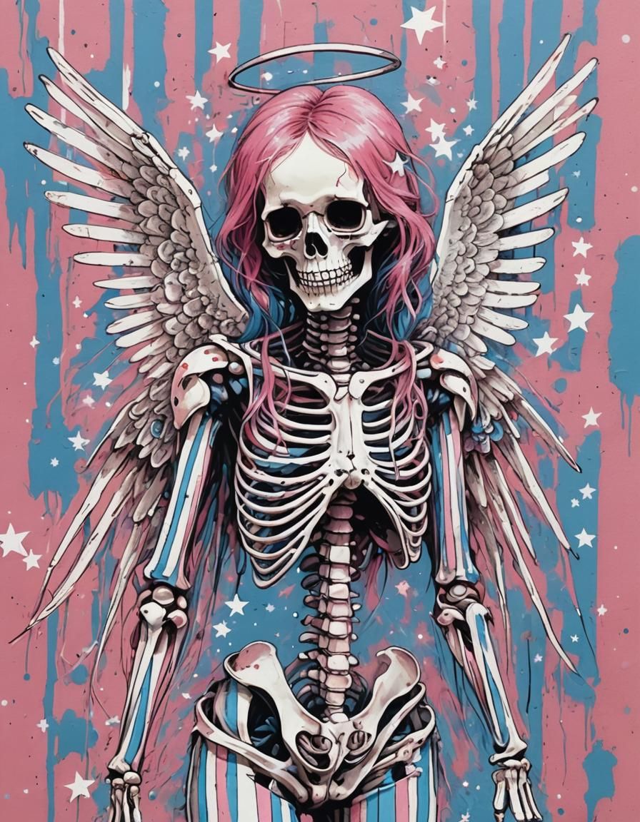 Striped Skeleton Angel with Stars in Emo Style