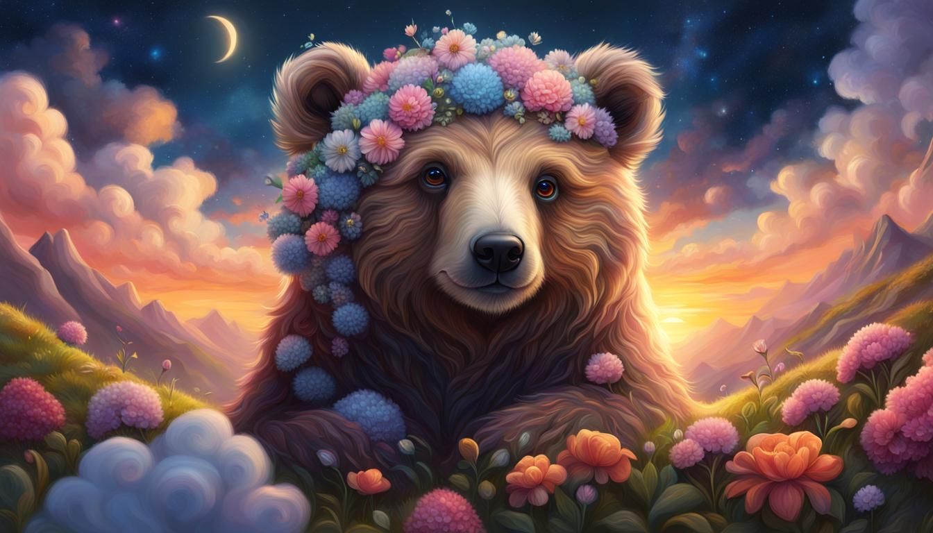 Cute Fluffy Bear Cub on Flower Hill