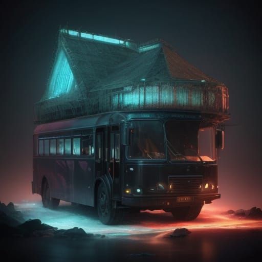 Sleek Bus with Iridescent Aura Glow in Haunting Metalic Opal...