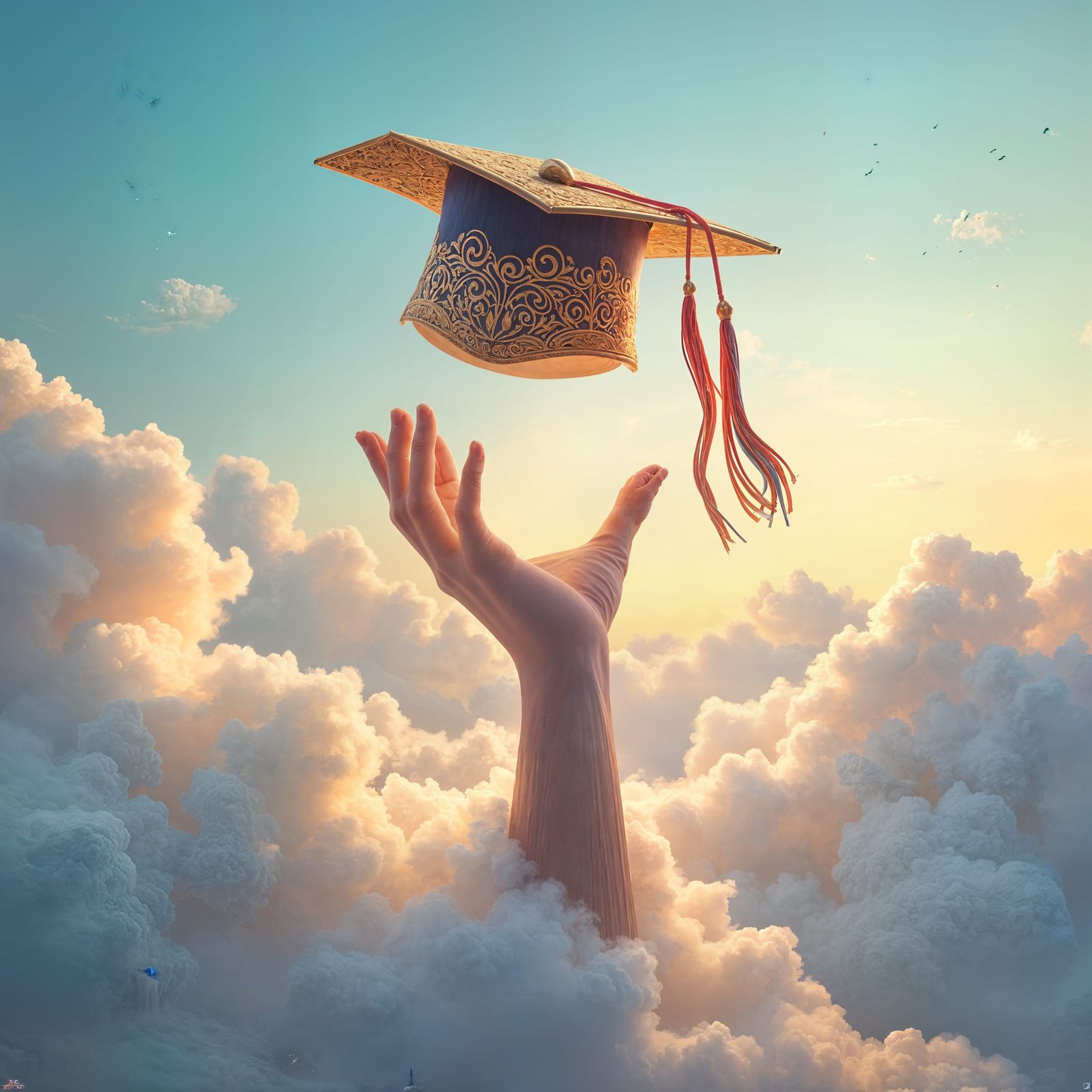 Hand in Clouds Releasing Graduation Hat