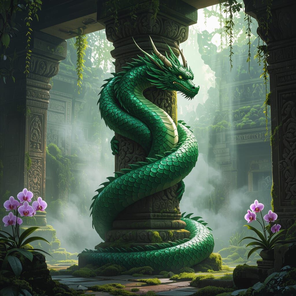 Emerald Dragon Coiled in Forgotten Temple