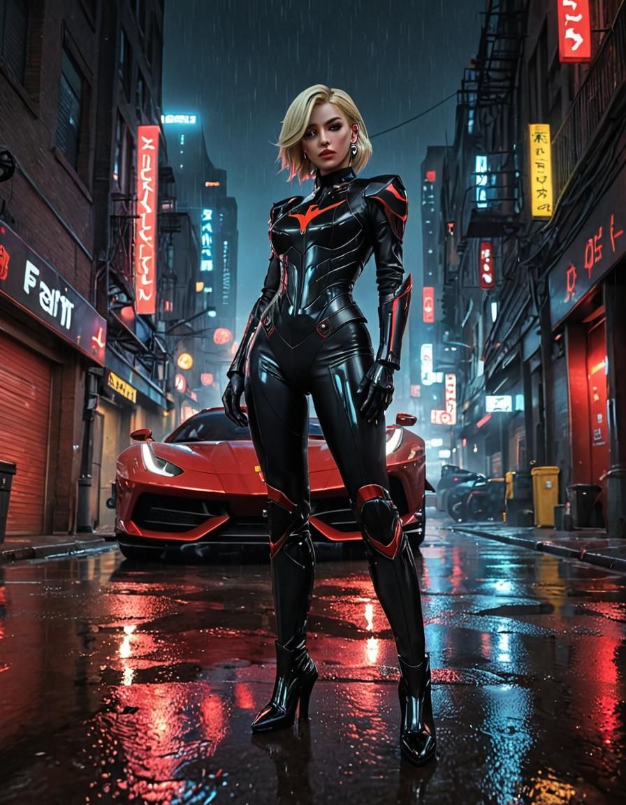Mercy in Cyberpunk Gotham City with Ferrari