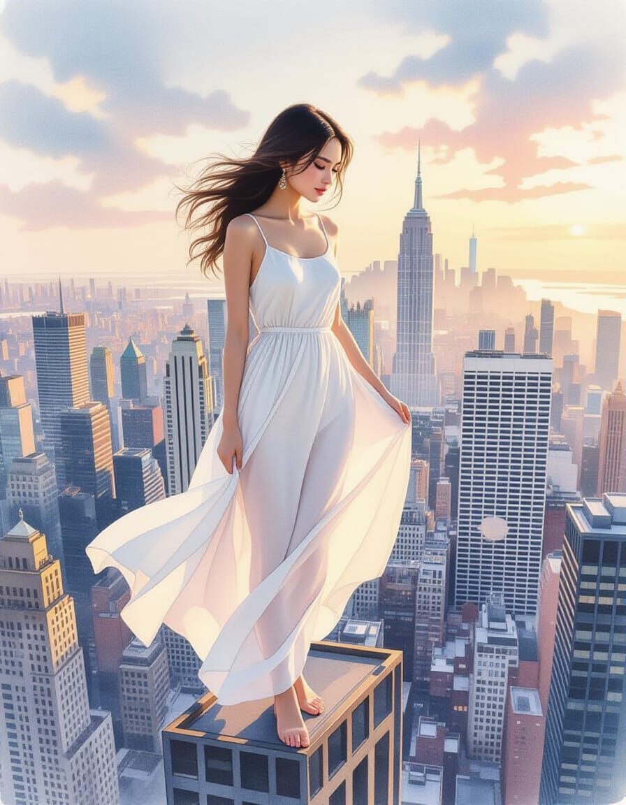 Watercolor Painting of Woman on Skyscraper Edge