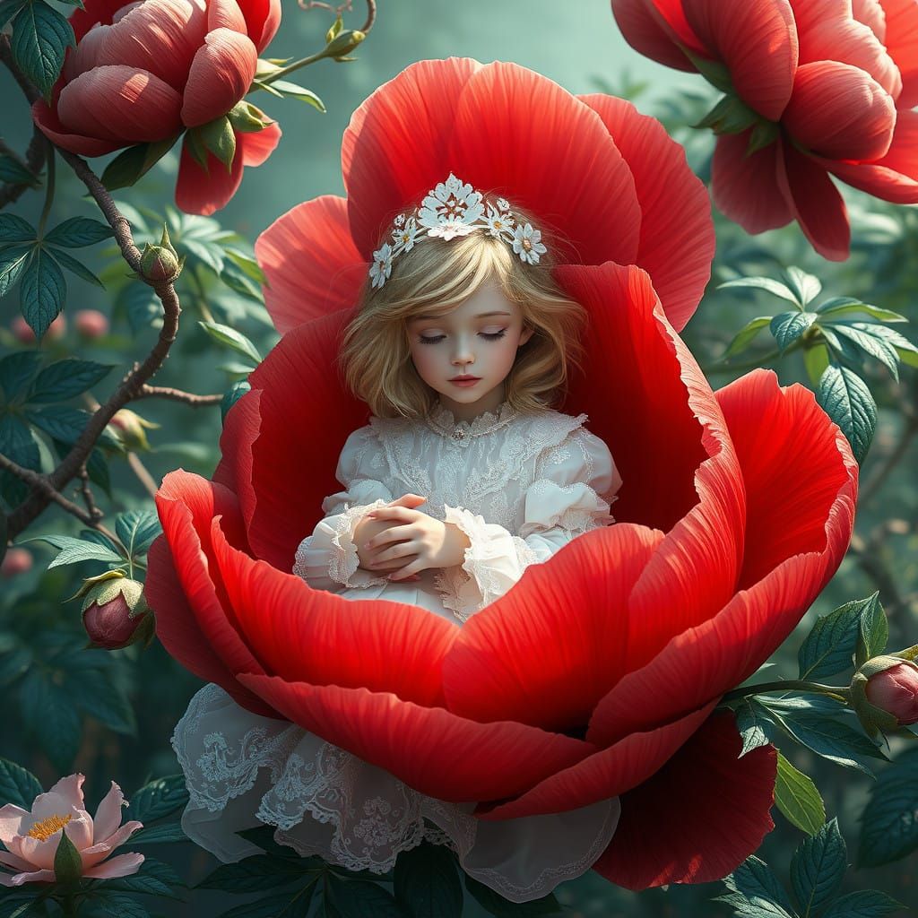 Little Girl Amidst a Vibrant Red Peony in a Dreamlike Garden