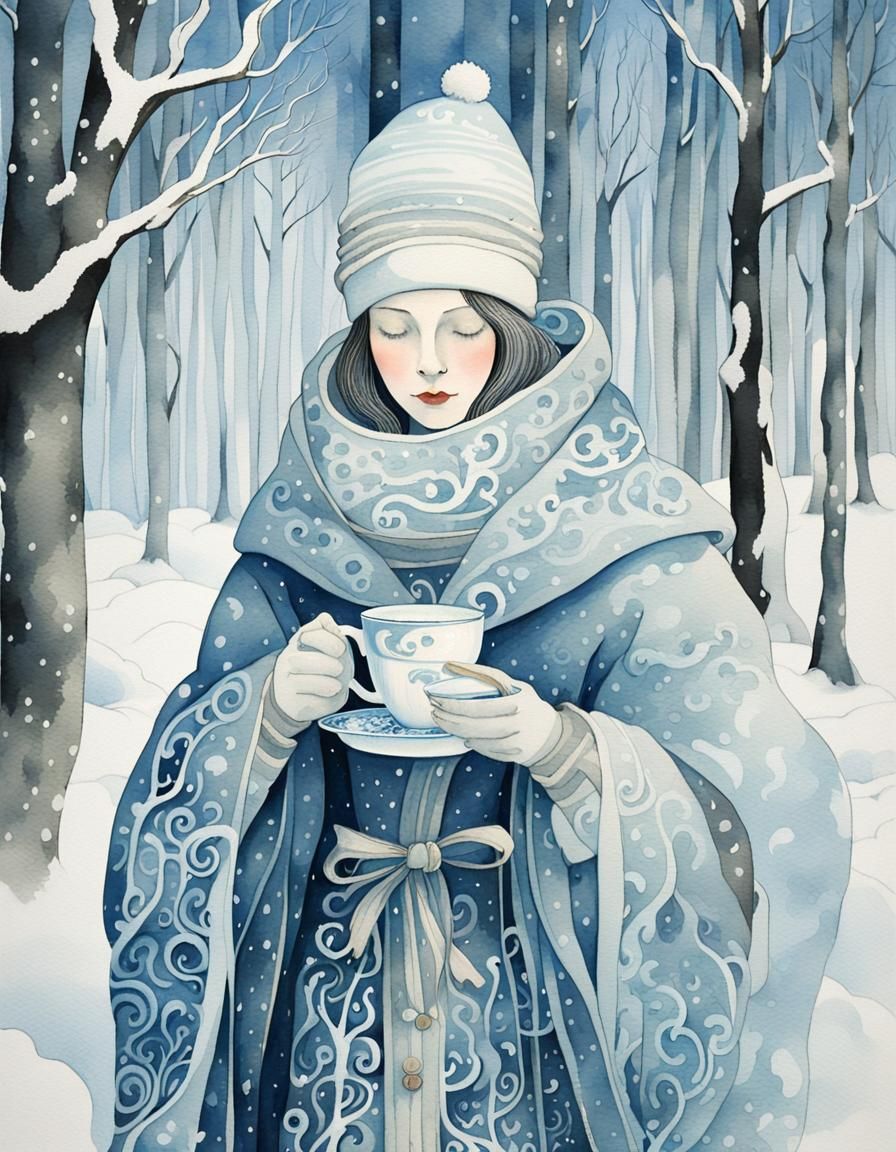 Whimsical Woman Sips Coffee in Snowy Forest, Kay Nielsen Sty...