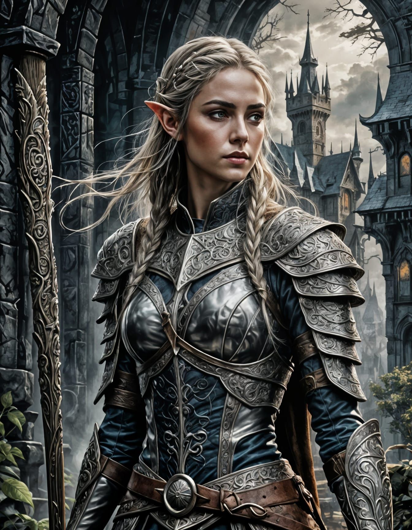 Elf Warrior in Eerie Landscape, Hyperrealistic Art