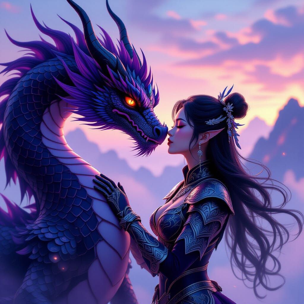 Fantasy Heroine Kisses Majestic Dragon in Twilight Digital A...