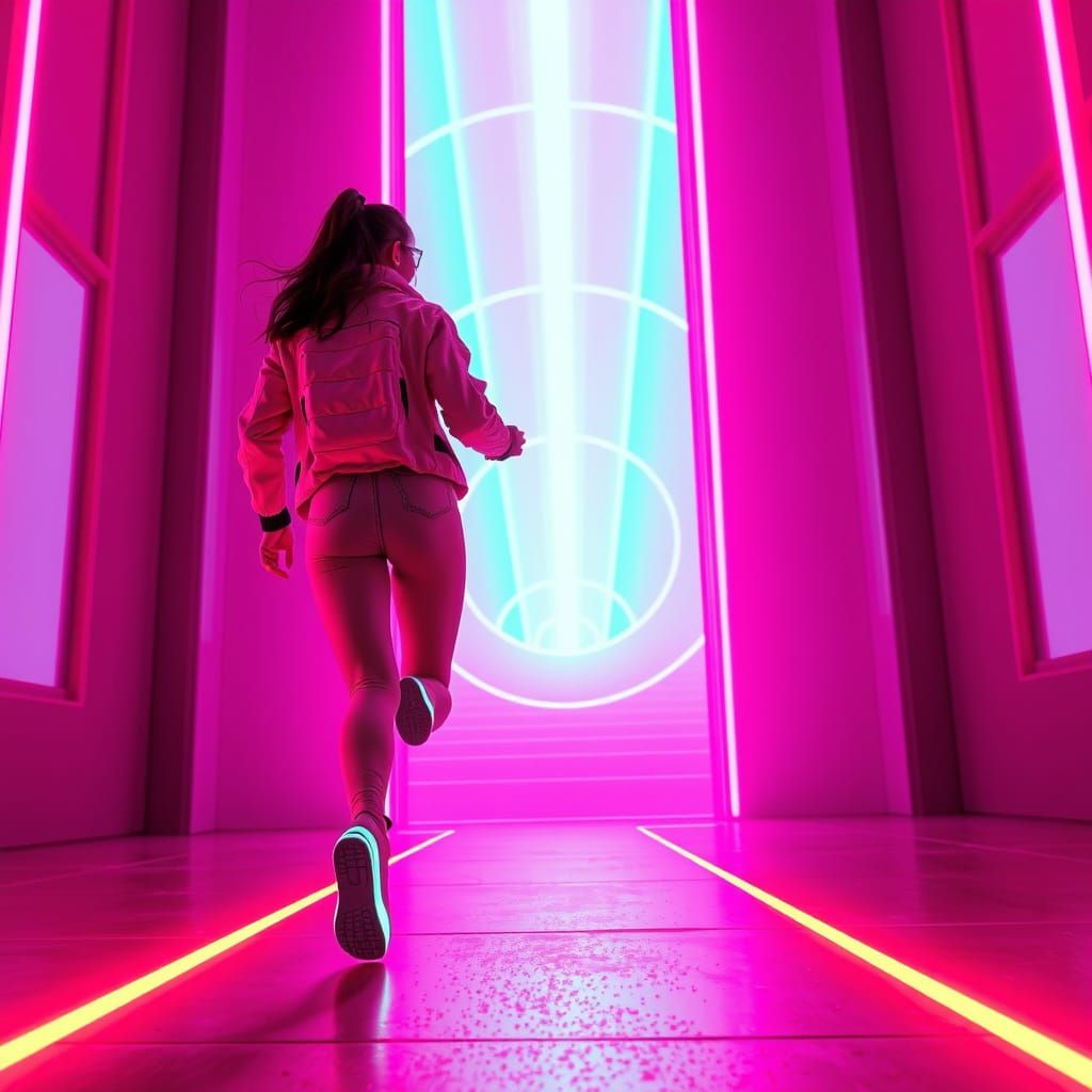 Woman Runs to Pink Portal in Retrofuturistic Style