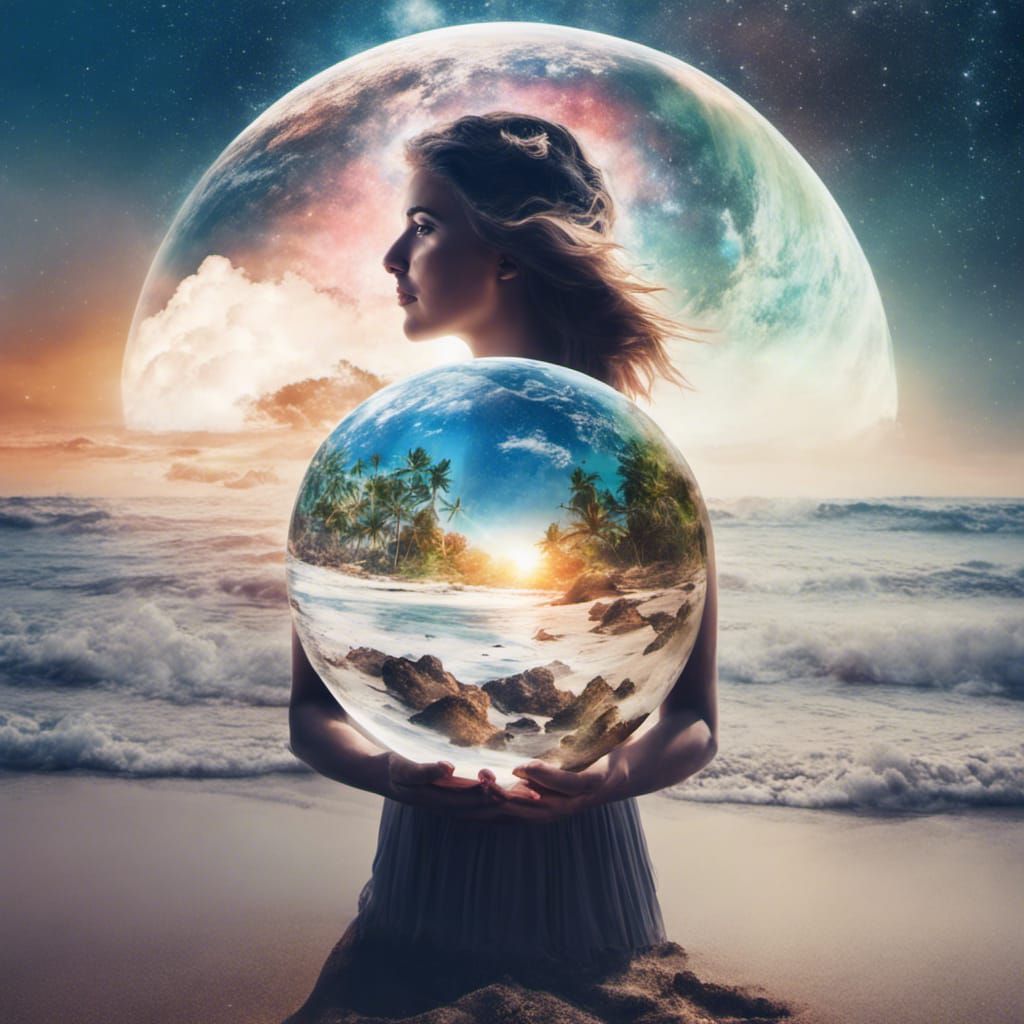 Planet earth+Woman+Beach Double exposure, Photoshopped dual exposure inside transparent layered double exposure art, pe...