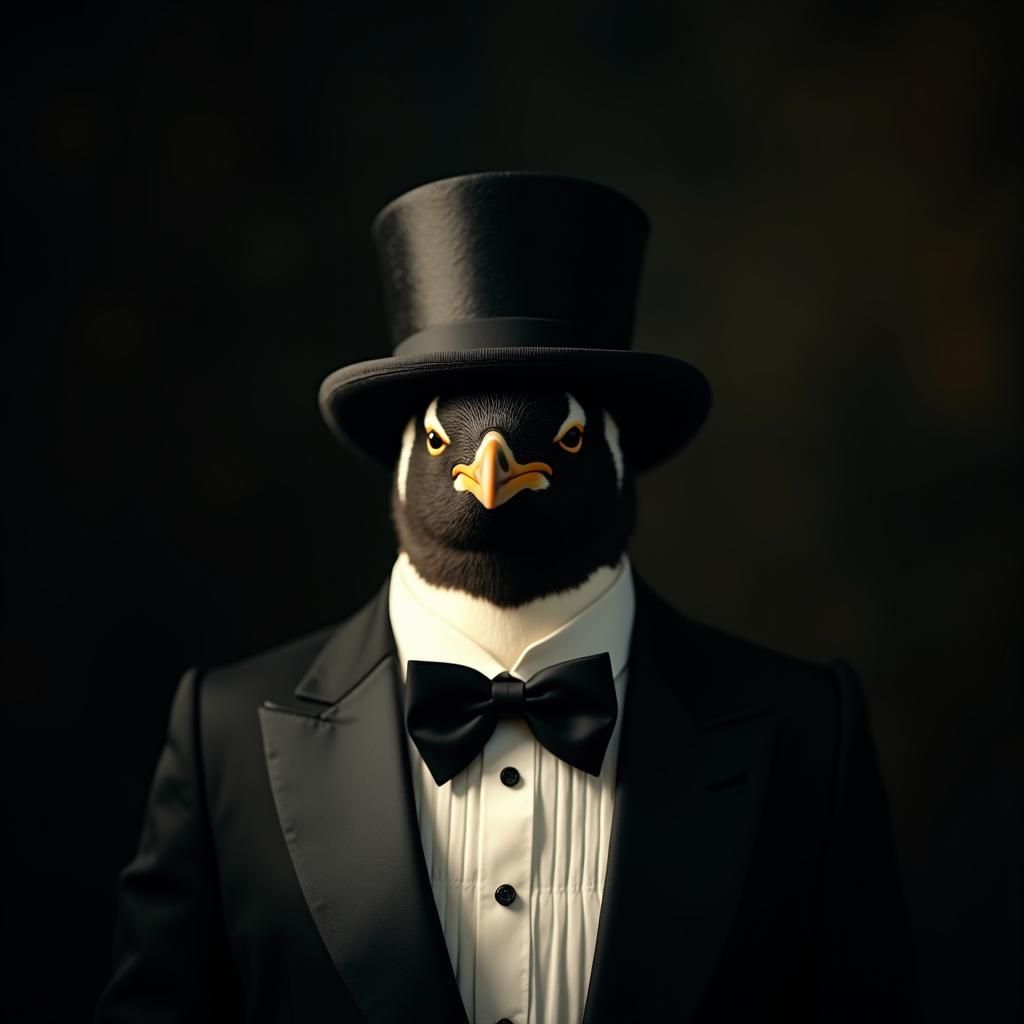 Penguin in Tuxedo: Vintage Cinematic Portrait