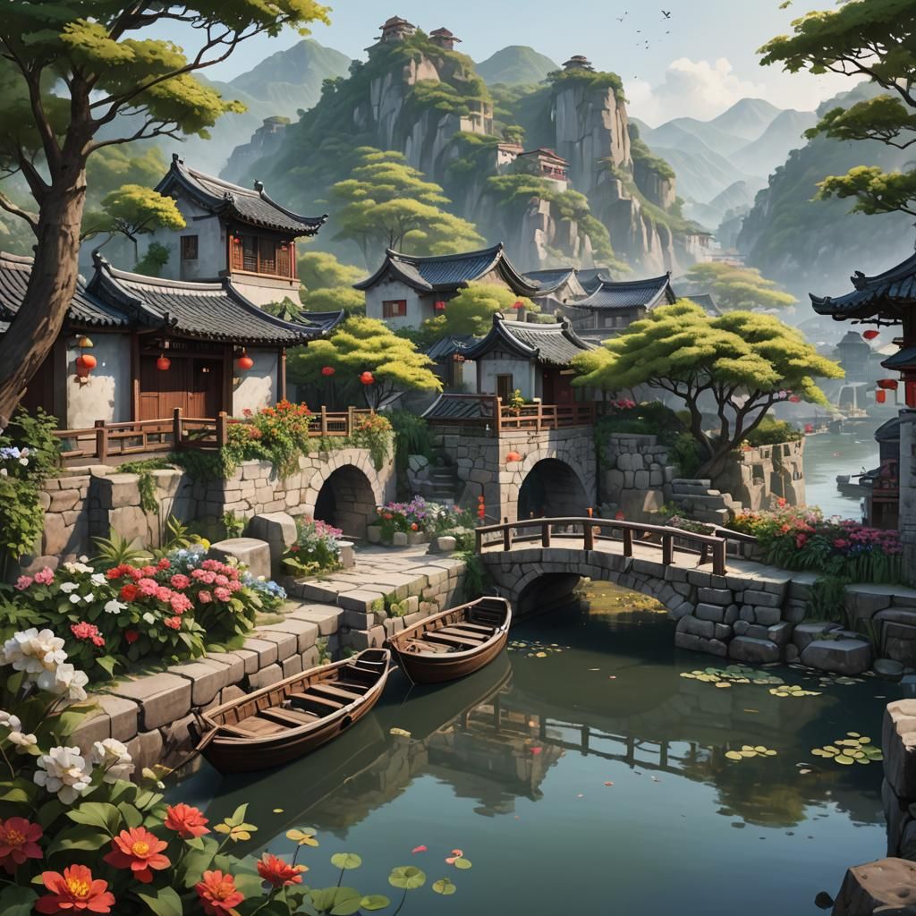 Idyllic Chinese Village at Dawn: Hyperrealistic Splash Art