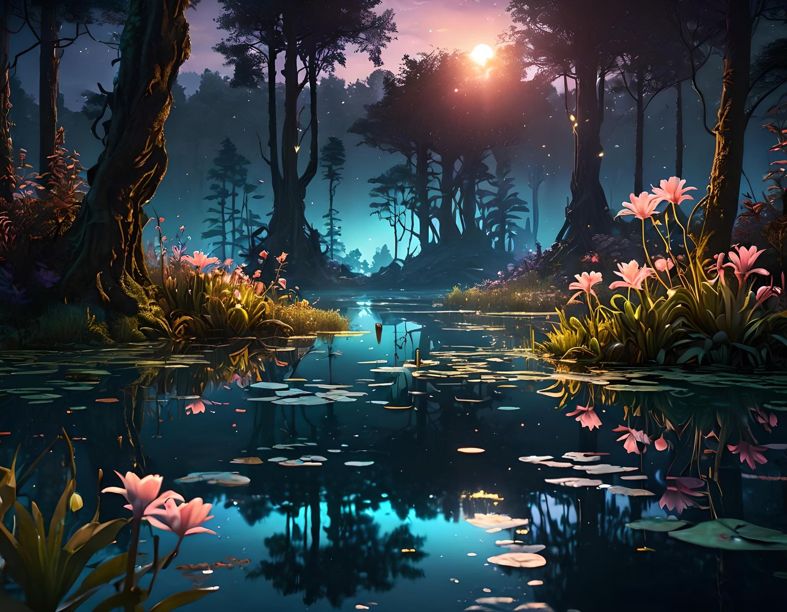 Bioluminescent Lake with Glowing Lilies: Fantasy Art