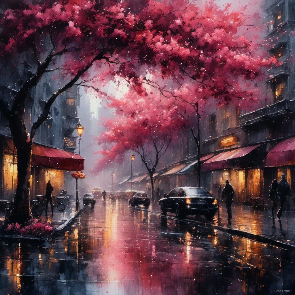 Morning Cityscape Watercolor Painting with Flowers