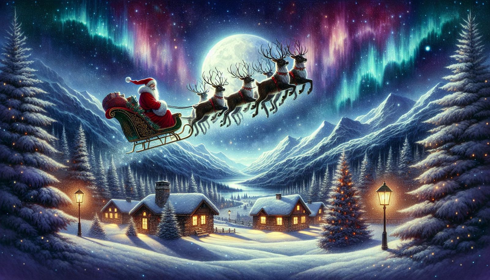 Santa Claus in his sleigh pulled By Eight reindeer flying ac...