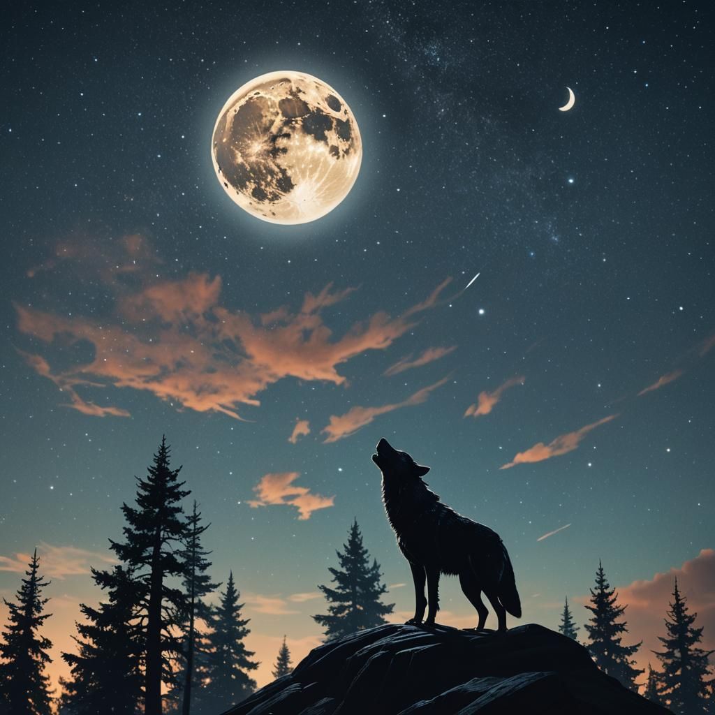 Wolf Silhouette Howling at Moon in Starry Sky