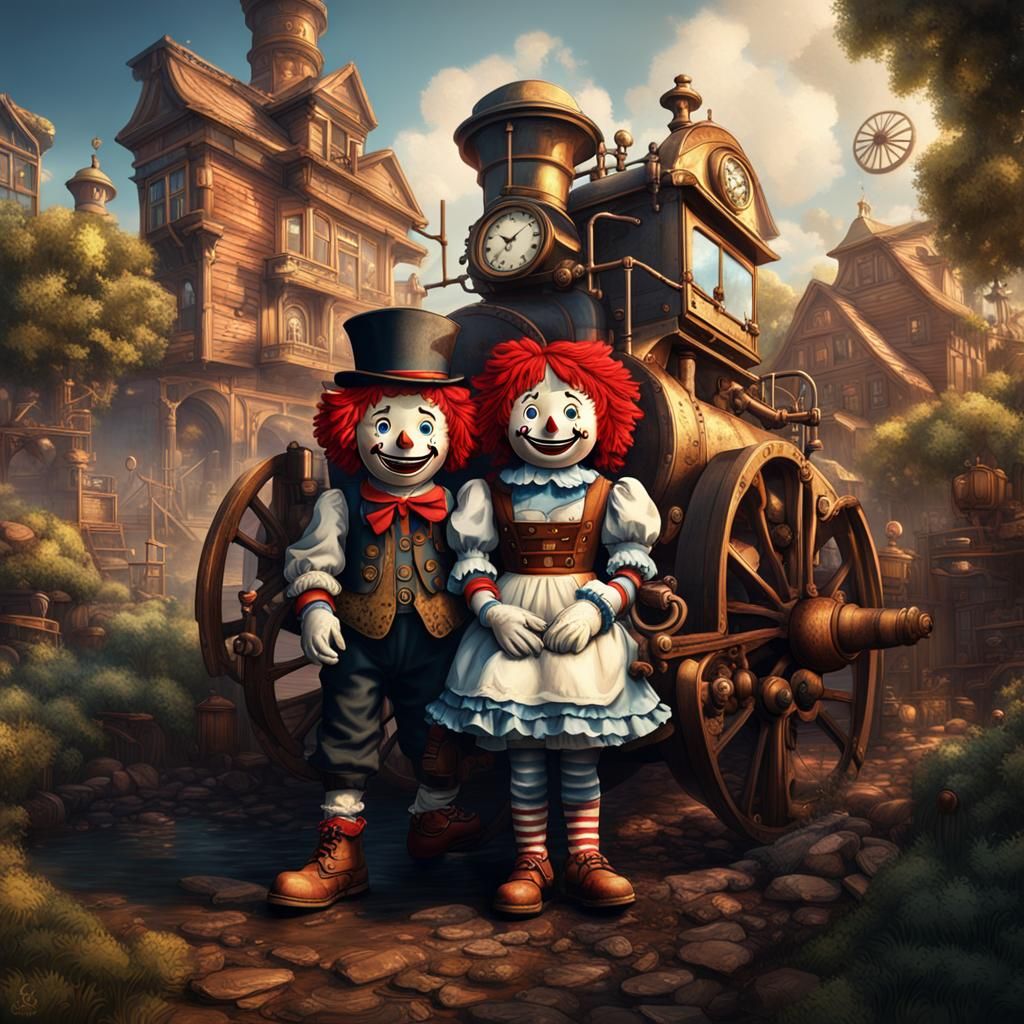 Steampunk Raggedy Ann and Andy in Detailed Painting