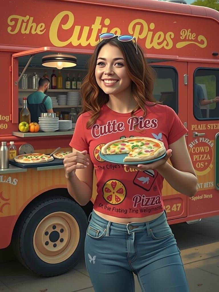 Pizza Food Truck Girl in Colorful Cartoon Style