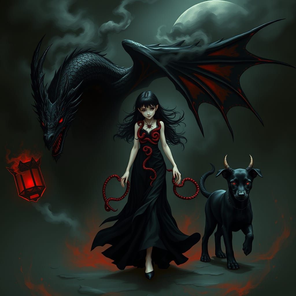 Mysterious Girl & Dragon in Gothic Fantasy Scene