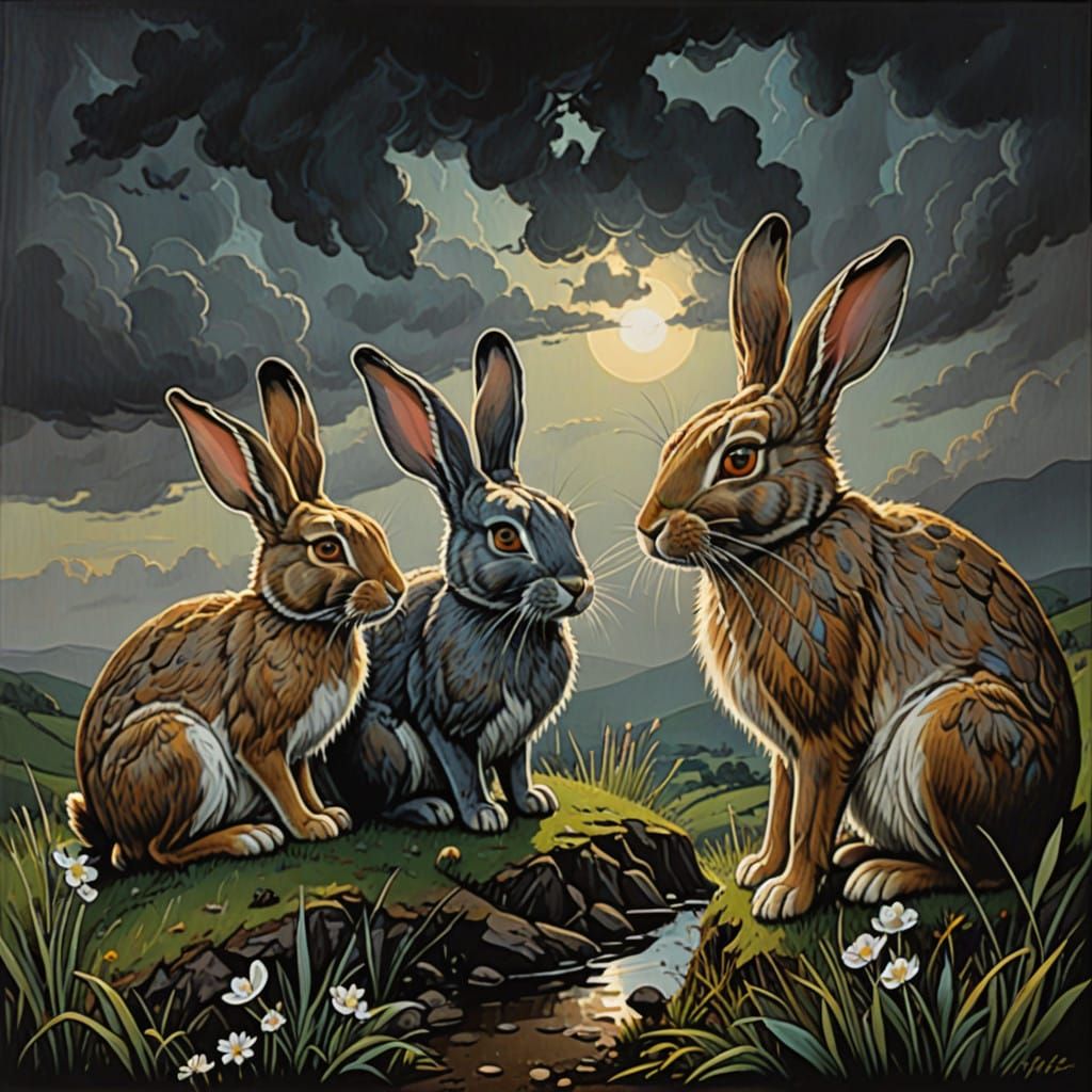 Mystical Watercolor Rabbits in Moody Twilight