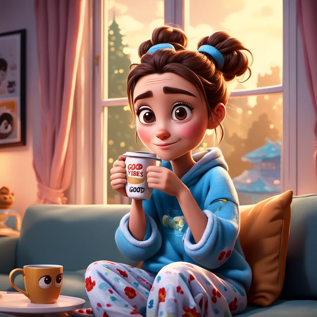 Disney Pixar style 3D beautiful woman, big expressive eyes, brown hair up in a messy bun, wearing pajamas, sitting on th...