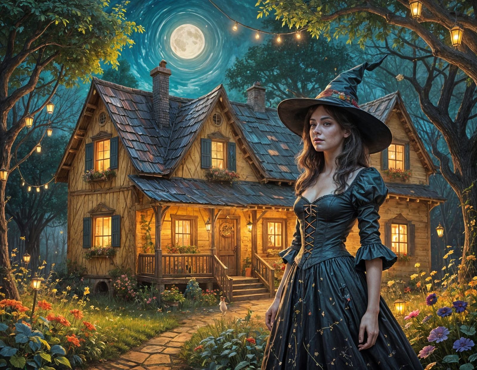 Whimsical Witch House Painting with Gables and Dormers