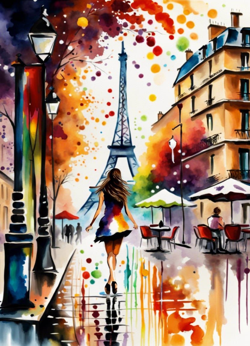 Parisian Cafe Scene in Watercolor Splatter Style
