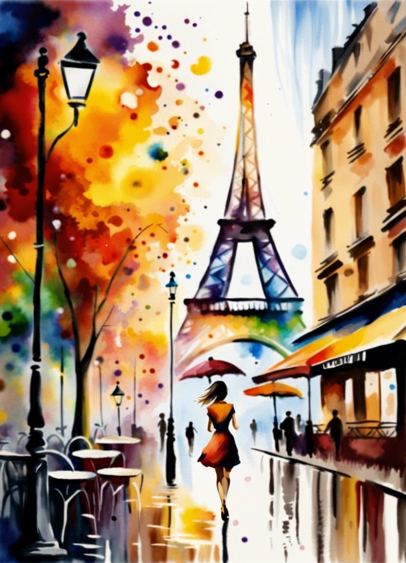 Paris Cafe Scene in Splatter Watercolor Style