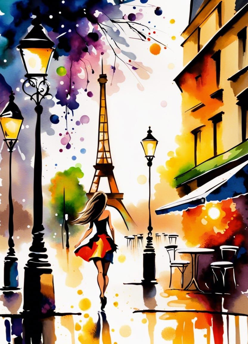 Parisian Cafe Scene in Watercolor Style