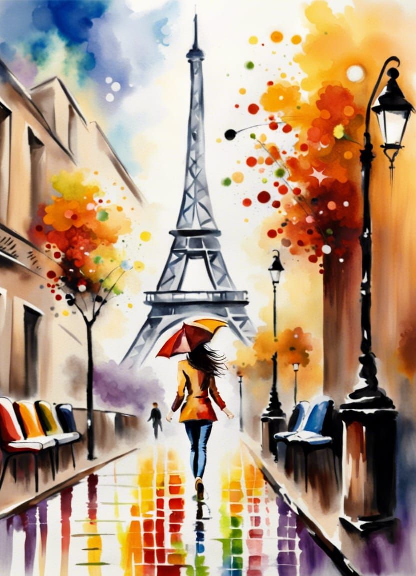 Parisian Cafe Scene in Splatter Watercolor