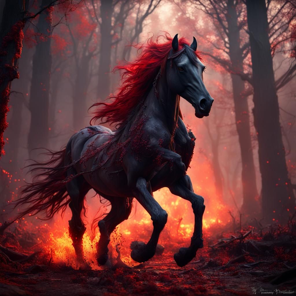 Mythical Nightmare Horse Runs Through Dark Forest
