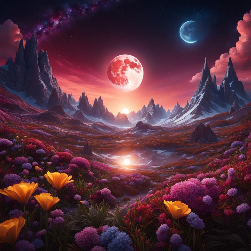 Hyperrealistic Alien Landscape with Moon and Galaxies