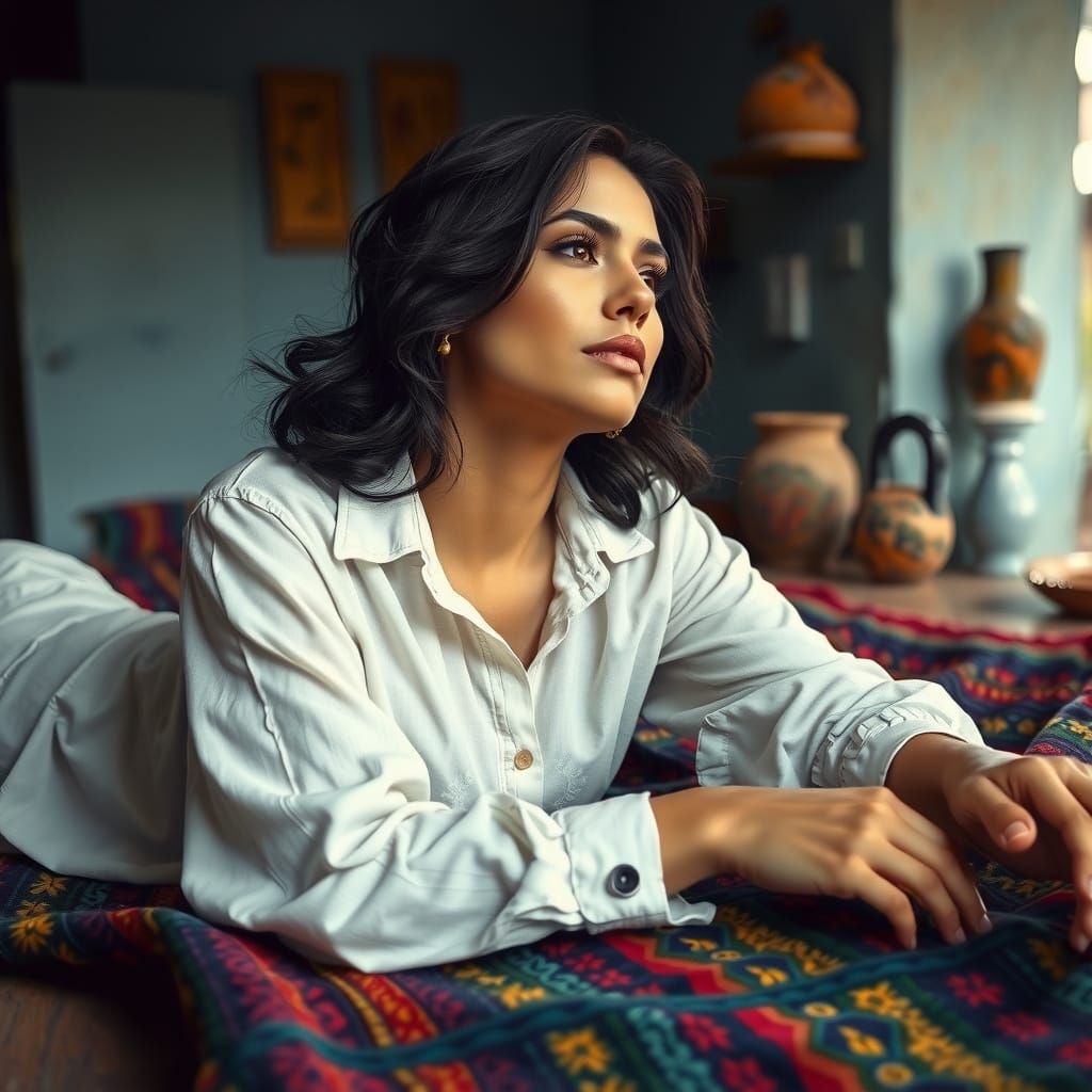 Hispanic Woman Daydreaming on Mexican Serape in Soft Light