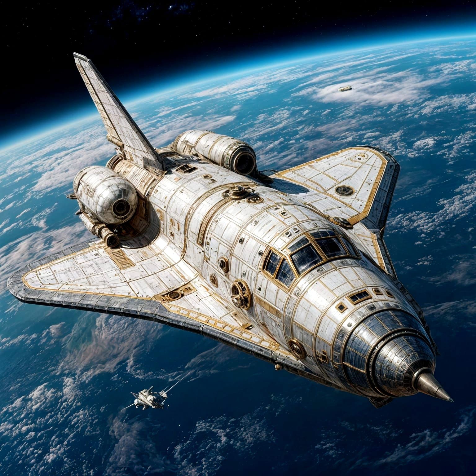 Steampunk Space Shuttle Orbits Earth in Hyperrealistic Style