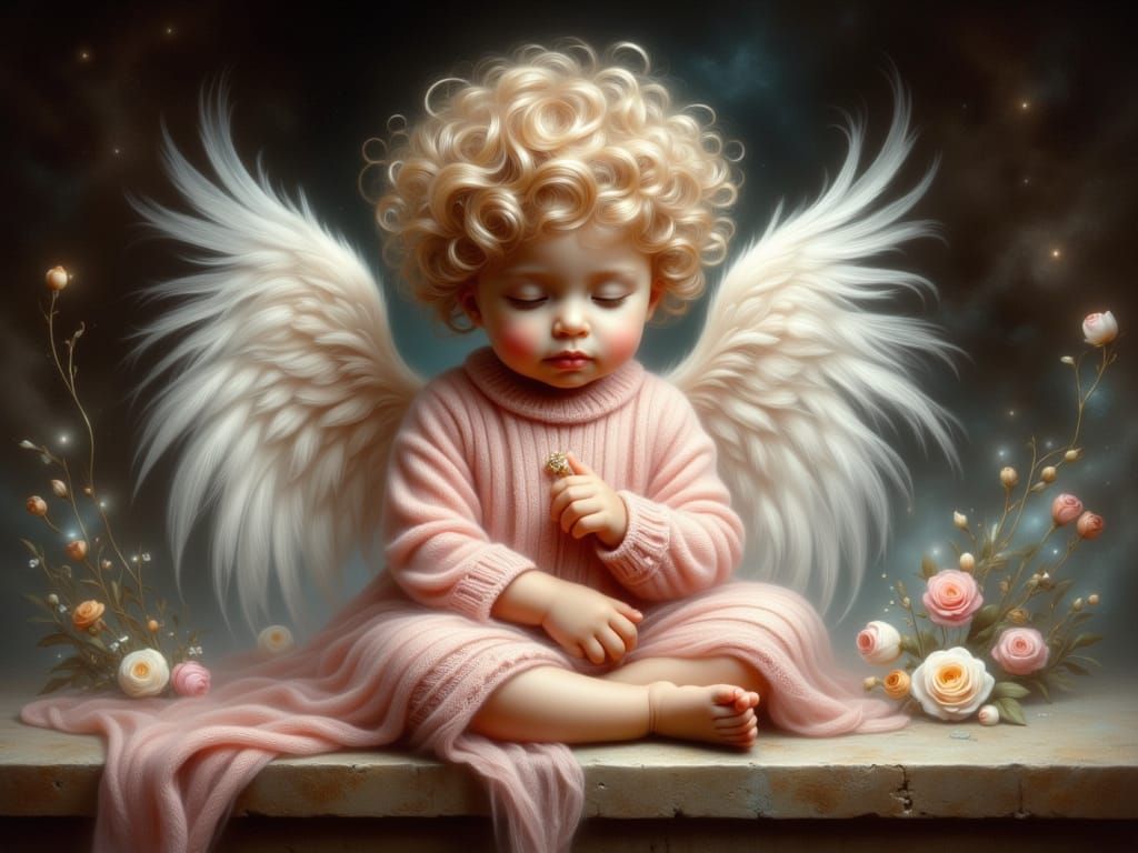 Cherubic Toddler with Angel Wings on Stone Ledge