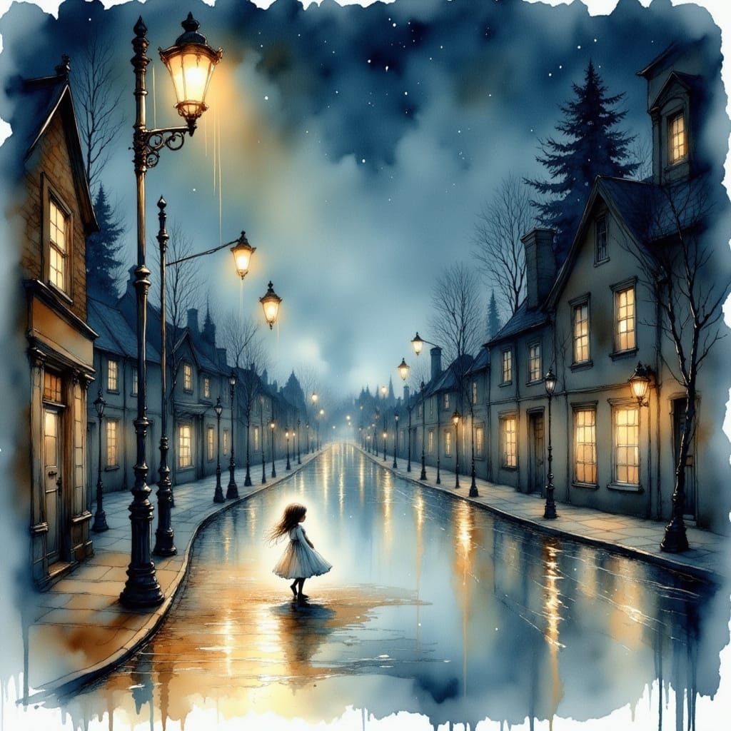 Rainy Night Rescue: Whimsical Watercolor of Lost Girl