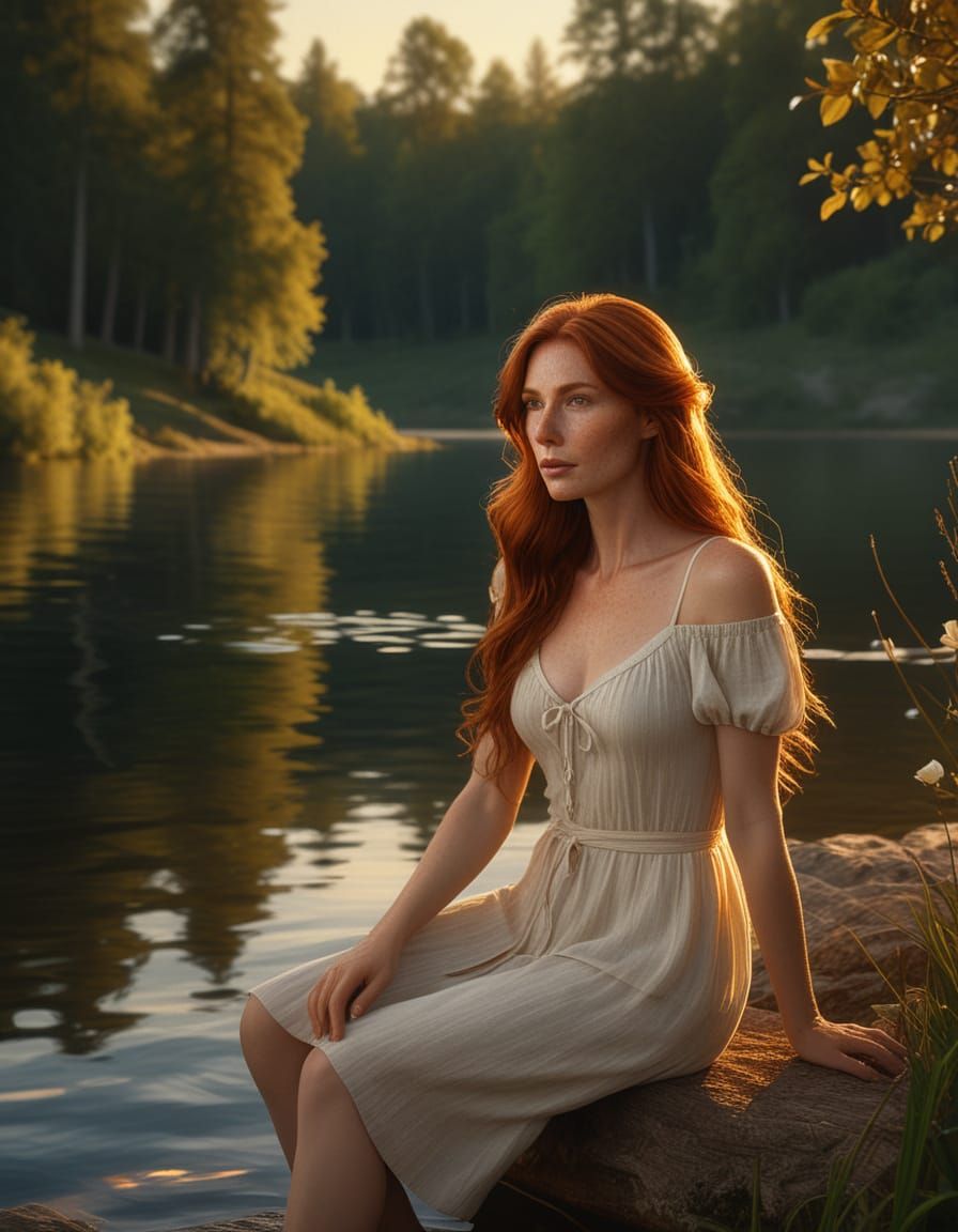 Romantic Realism Elf Woman Beside Lake at Golden Hour