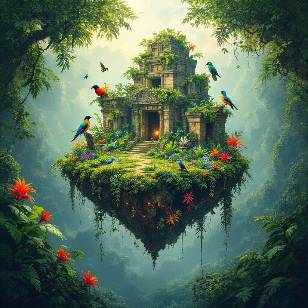 Floating Jungle Island with Ancient Ruins and Exotic Birds