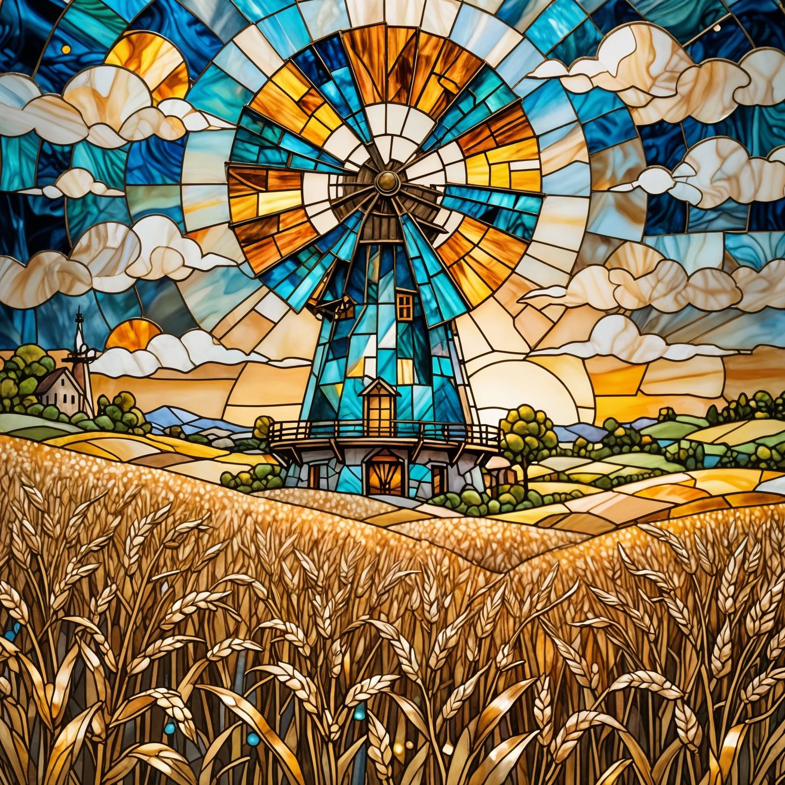 Alcohol Ink Glass Windmill in Golden Wheat Fields