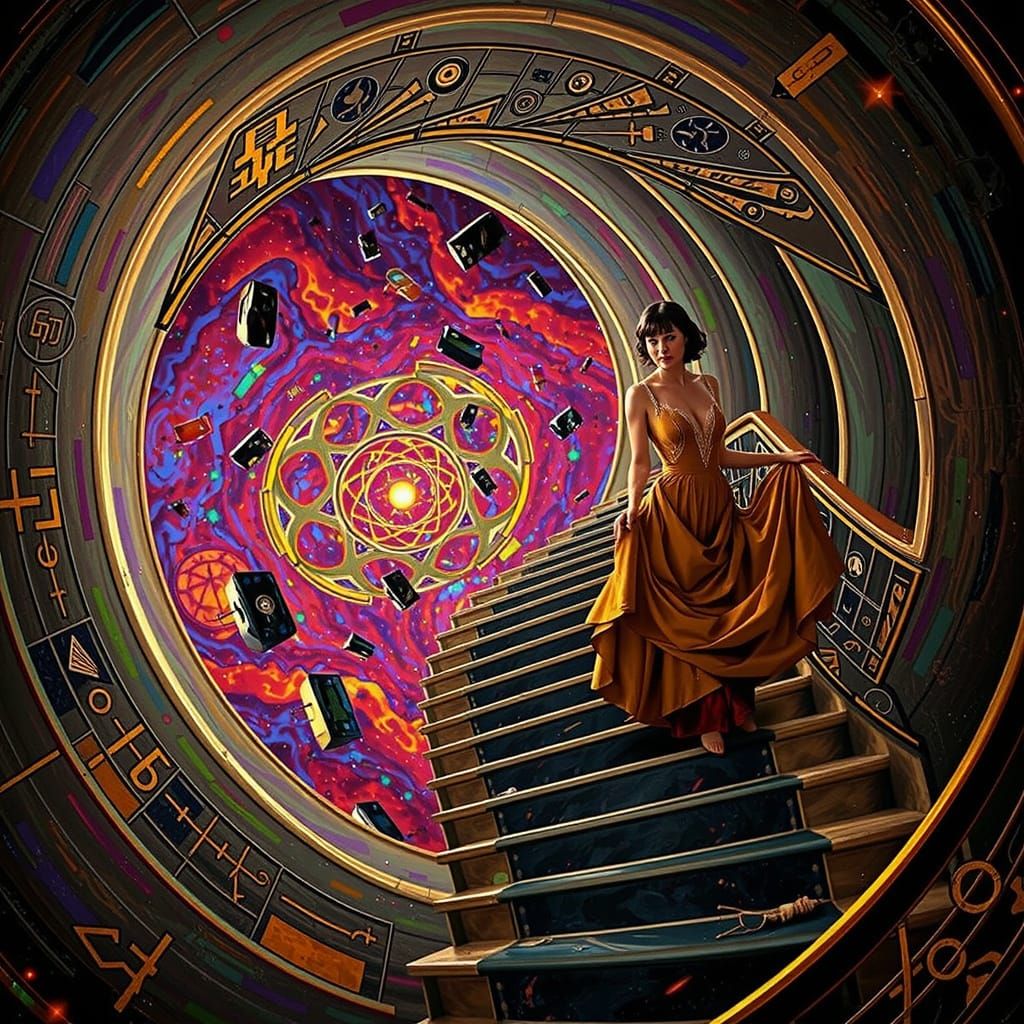 Elegant Woman on Abstract Staircase in Art Deco Style