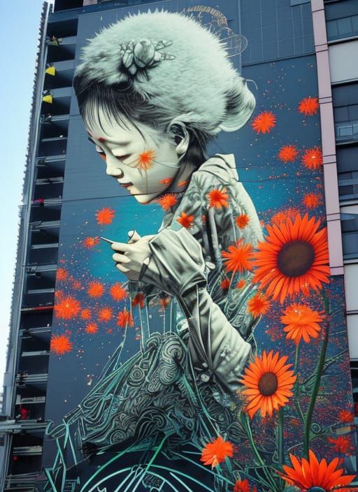 Surreal Tokyo Scene with Celtic Art and 3D Shading