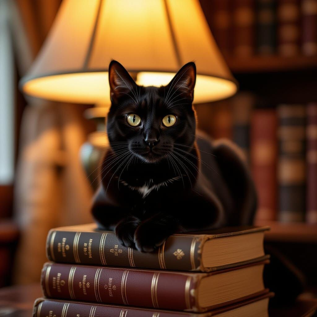 Sleek Black Cat on Antique Books, Professional Photography