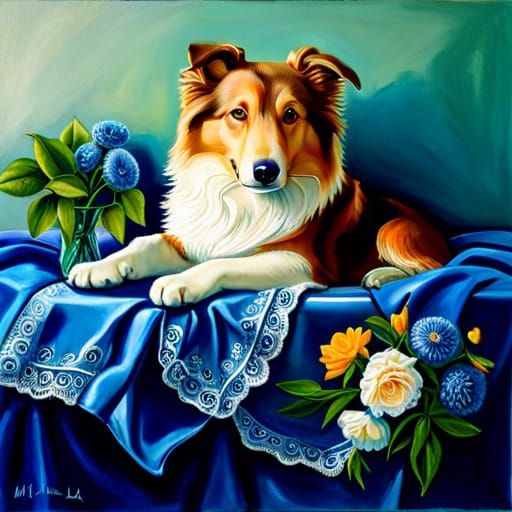 "All blue bedroom with blue lace, blue flowers in a vase, Fl...