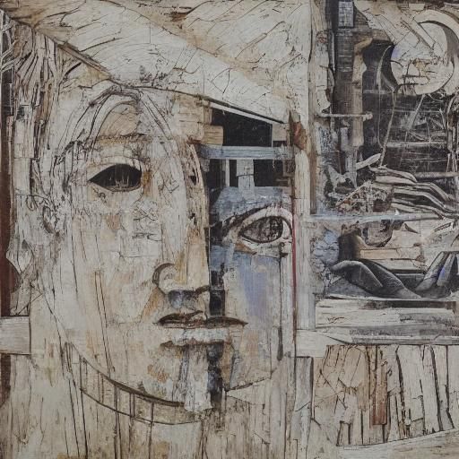 Weathered Wooden Face Witnessing Chaos: Artistic Impression